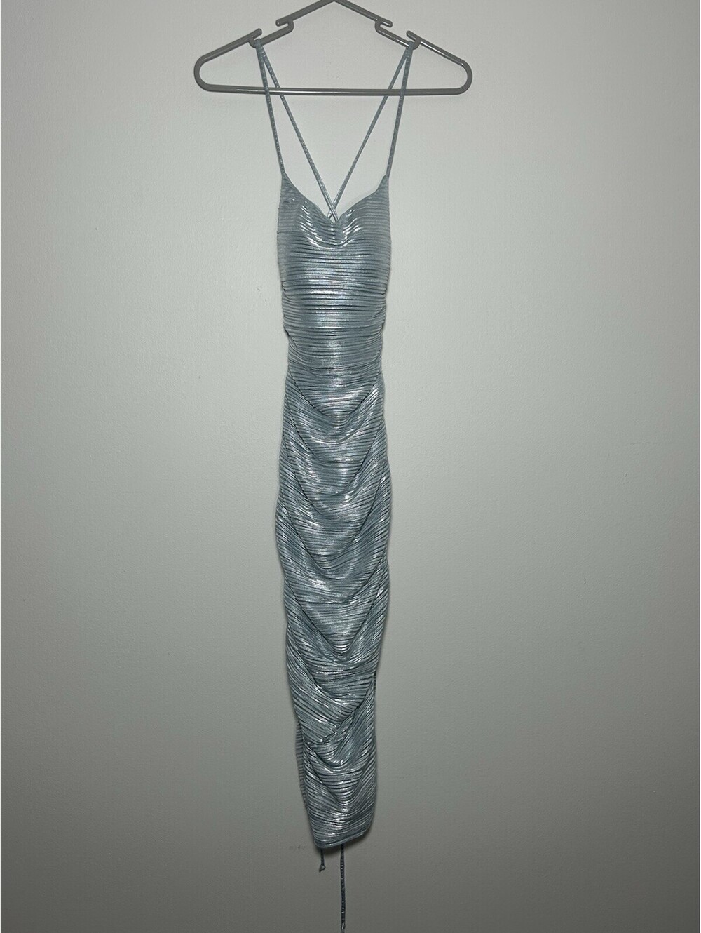 Katia Rae light blue metallic ruched maxi dress Size XS NWT